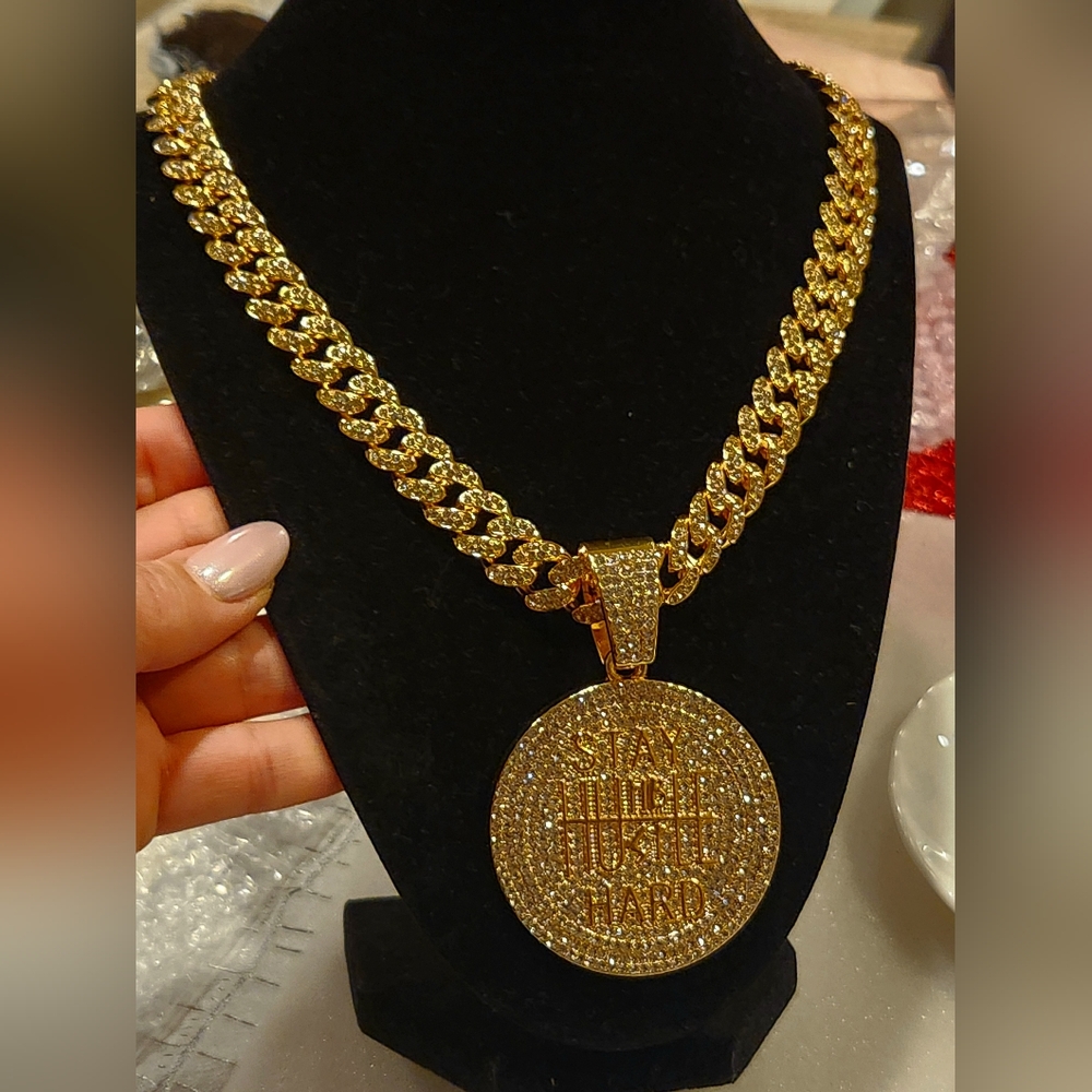 Fashion Round Pendent Necklace With Iced Cuban Chain,Stainless steel Hypoallerge